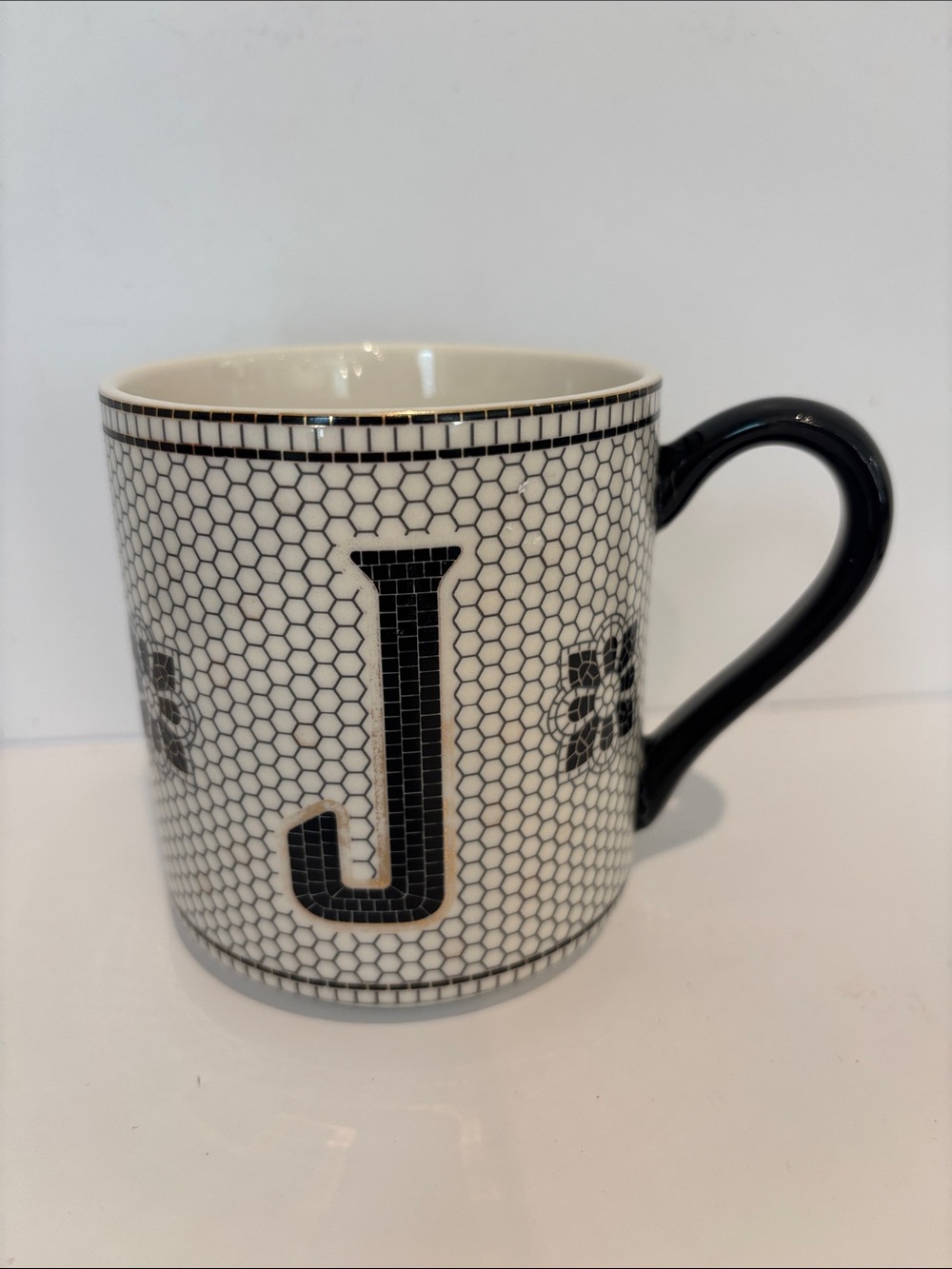 Anthropologie Bistro Tile Monogram Mug Letter J Coffee Cup Mosaic Black Gold